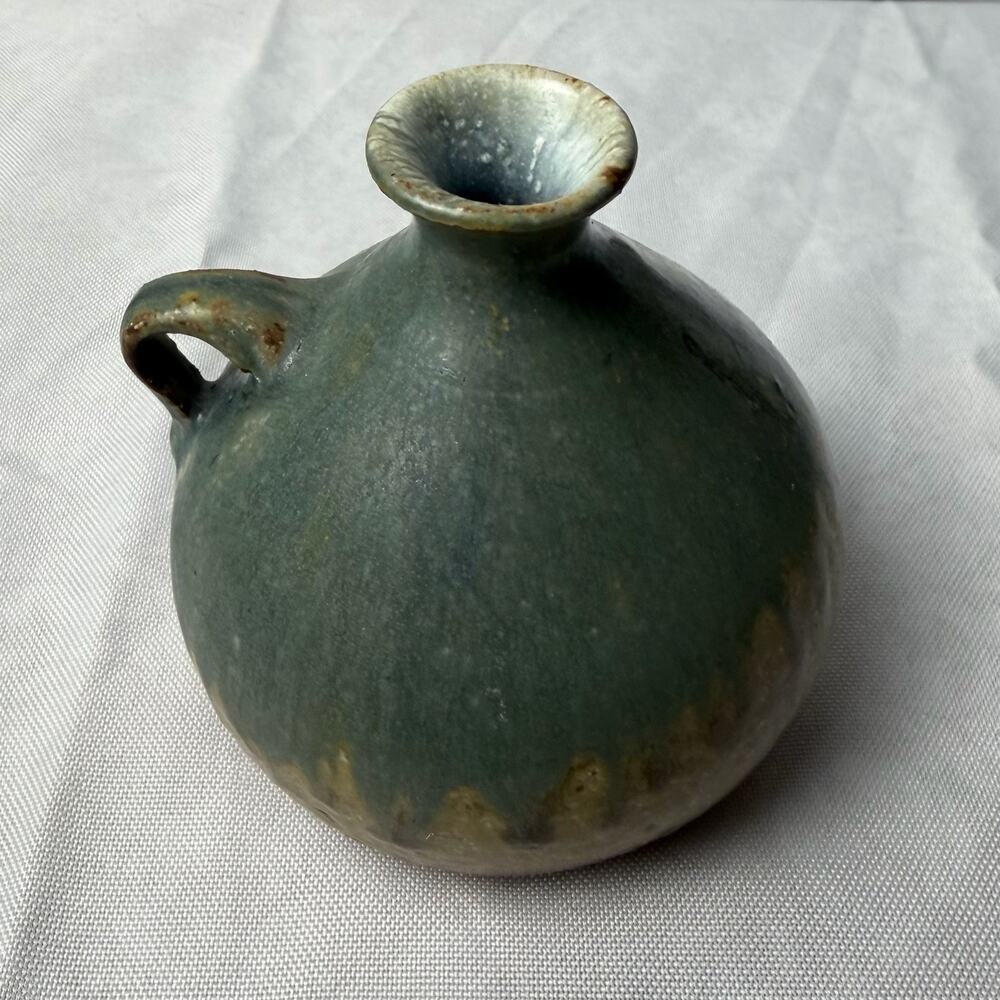 VTG Mingei Style Studio Pottery Stoneware Jug Bud Vase‎ Drip Glaze Blue Green